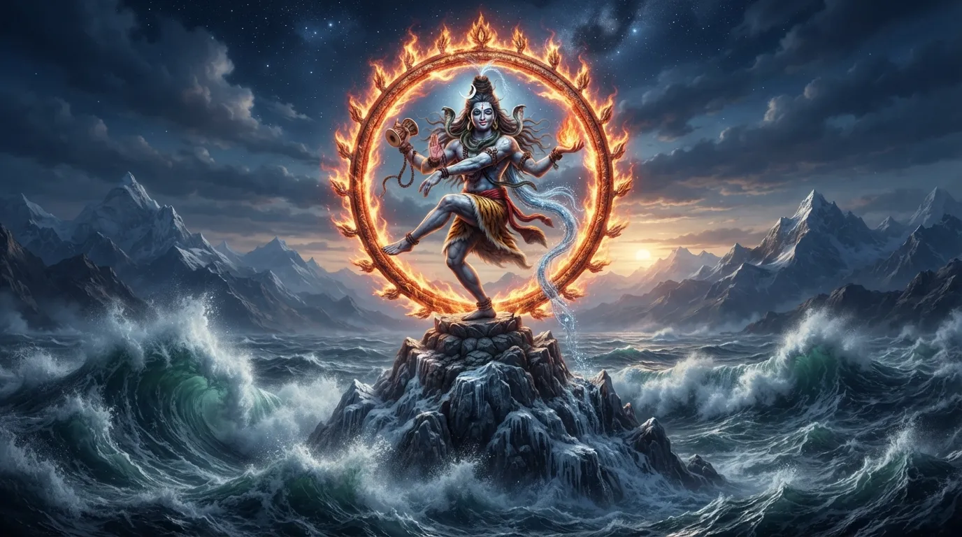 Powerful shiva nataraja images surrounded by natural elements like fire and water.