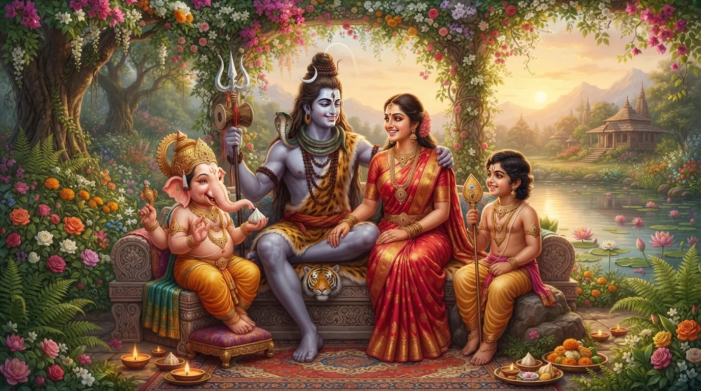 Lord Shiva, Goddess Parvati, Lord Ganesha, and Lord Kartikeya sitting together as a loving family.