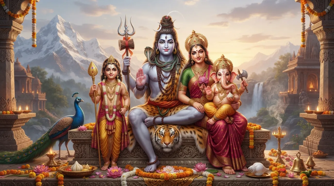 A 3D rendered ensemble of Lord Shiva, Goddess Parvati, Lord Ganesha, and Lord Kartikeya, representing an ideal divine household