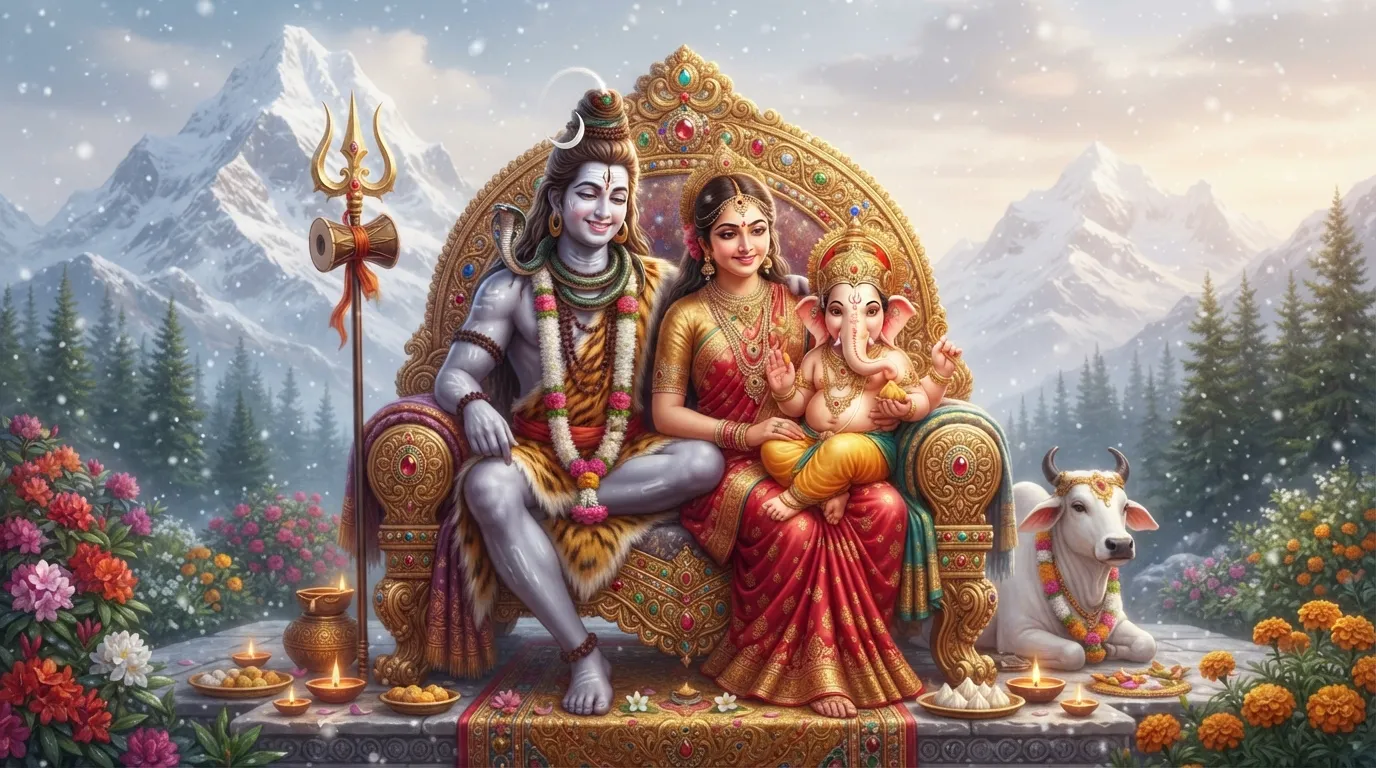 Bholenath photo hd wallpaper with Goddess Parvati and Lord Ganesha in Kailash.