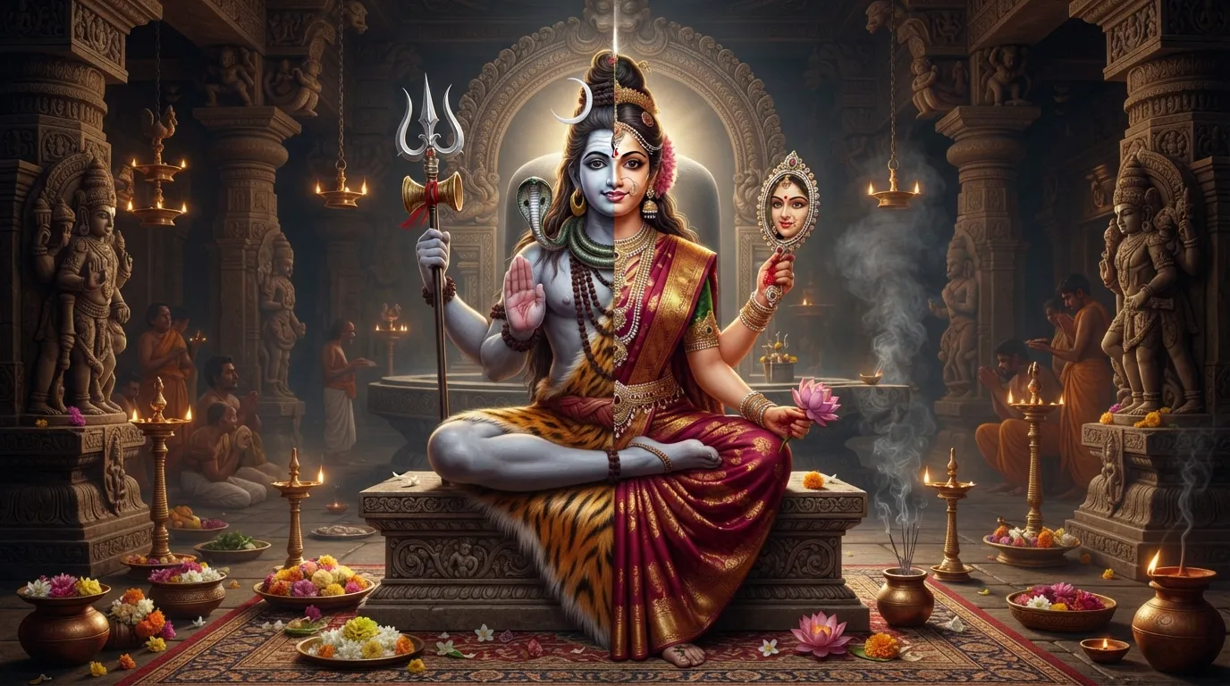 Intricate depiction of Shiva and Parvati in a single form (Ardhanarishvara), split vertically down the middle, representing the ultimate romantic union.