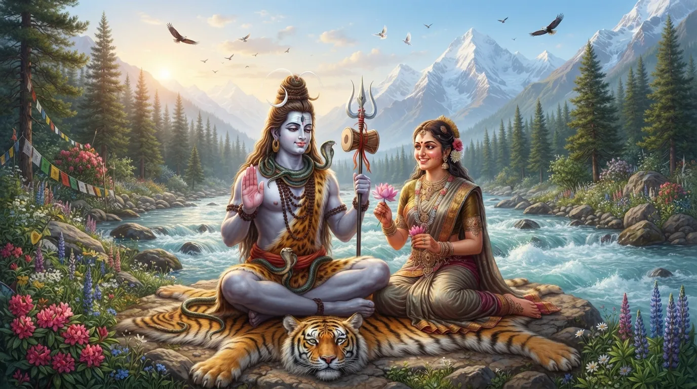Shiva and Parvati sitting near a flowing Himalayan river blessing their devotees.