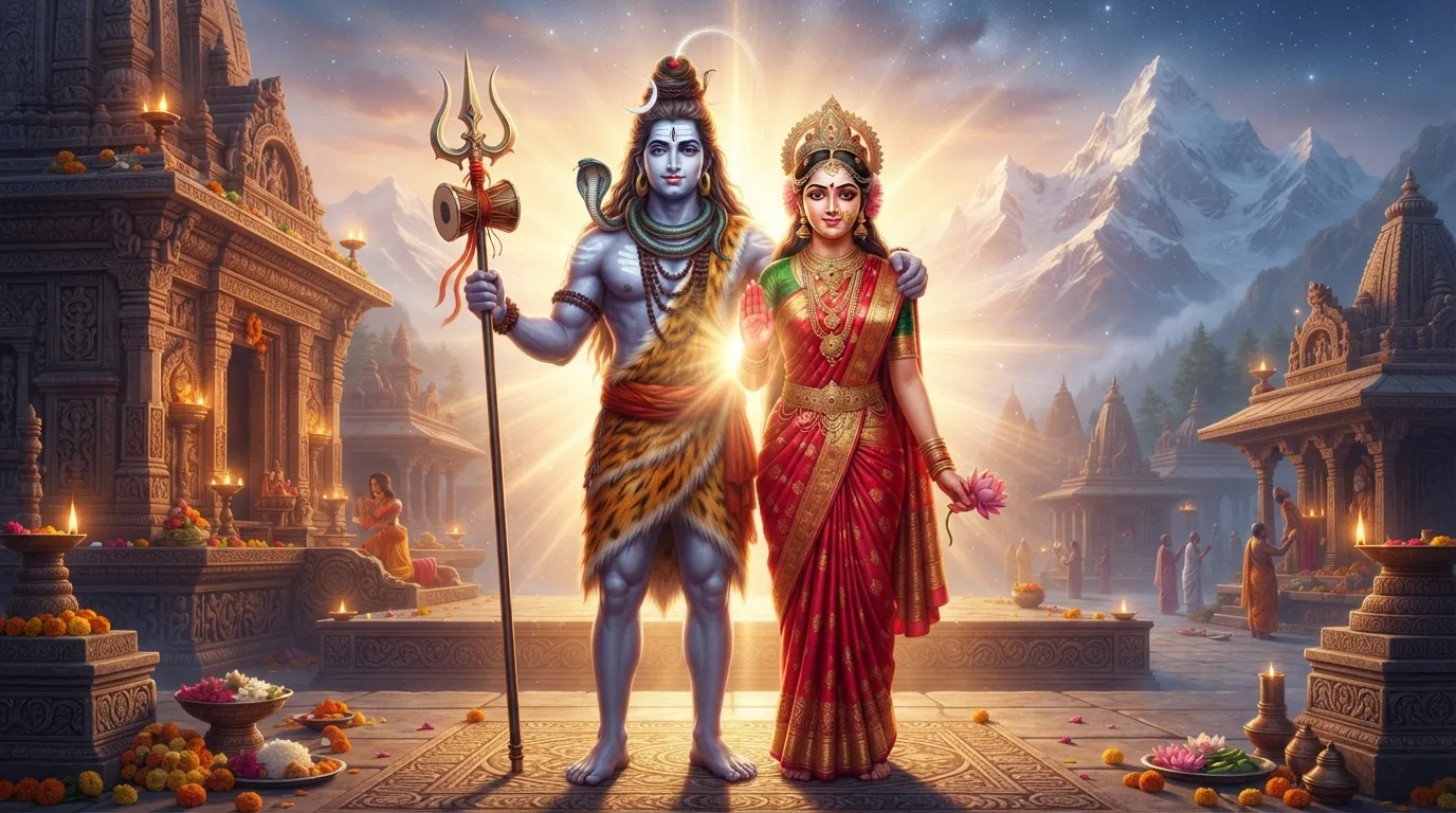 Religious artwork showing Shiva and Parvati standing together, Shiva's arm around Parvati's waist, both with their right hands raised in a gesture of blessing.