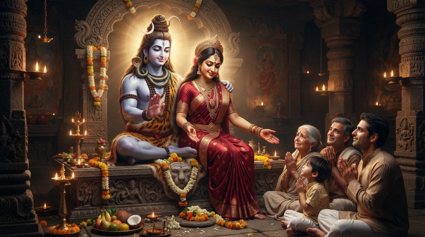 Shiva Parvati image showing the sacred couple bestowing blessings upon their devotees, offering protection and guidance.