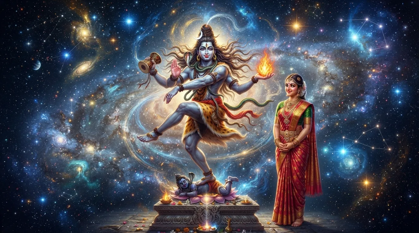 Shiva Parvati image depicting the cosmic dance, known as Tandava, symbolizing creation, preservation, and destruction.