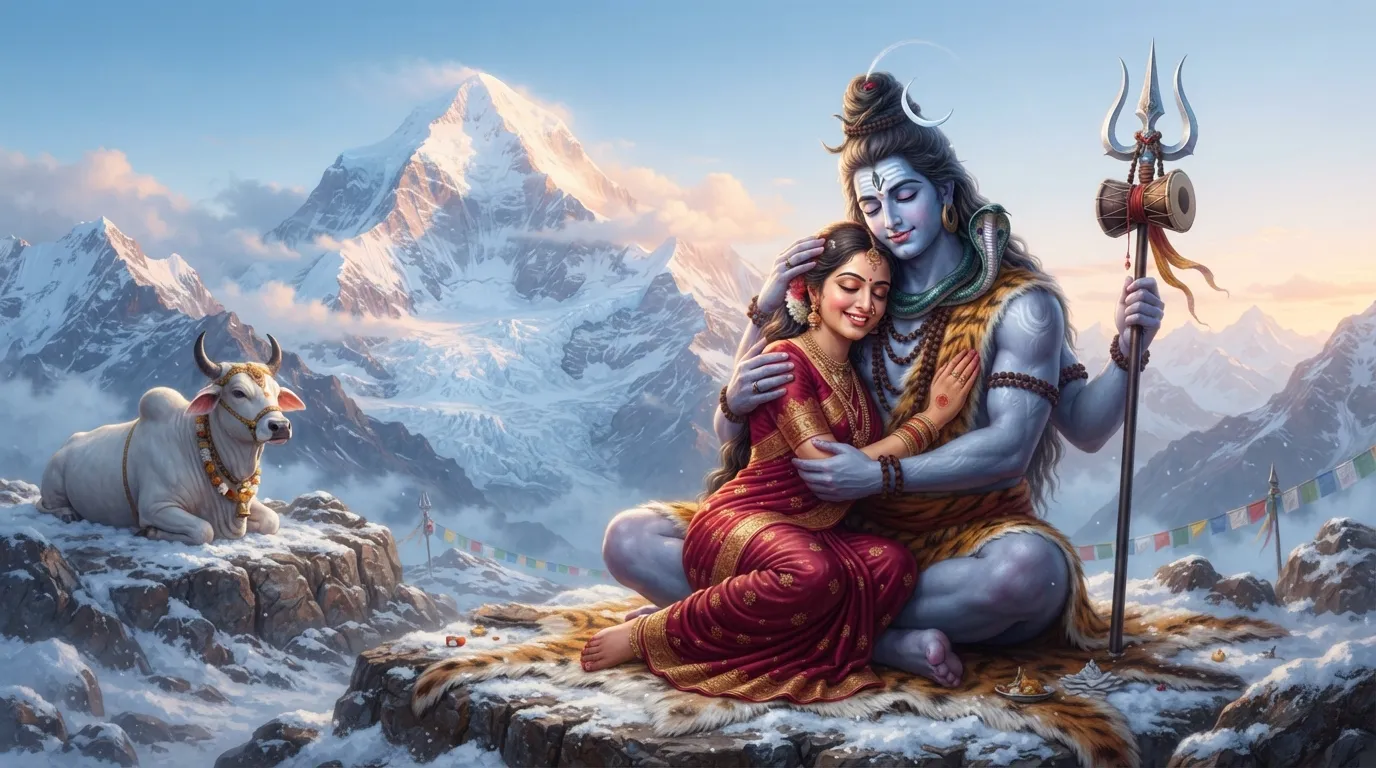 Art of Shiva and Parvati embracing affectionately amidst the snowy peaks of Mount Kailash, symbolizing cosmic union.