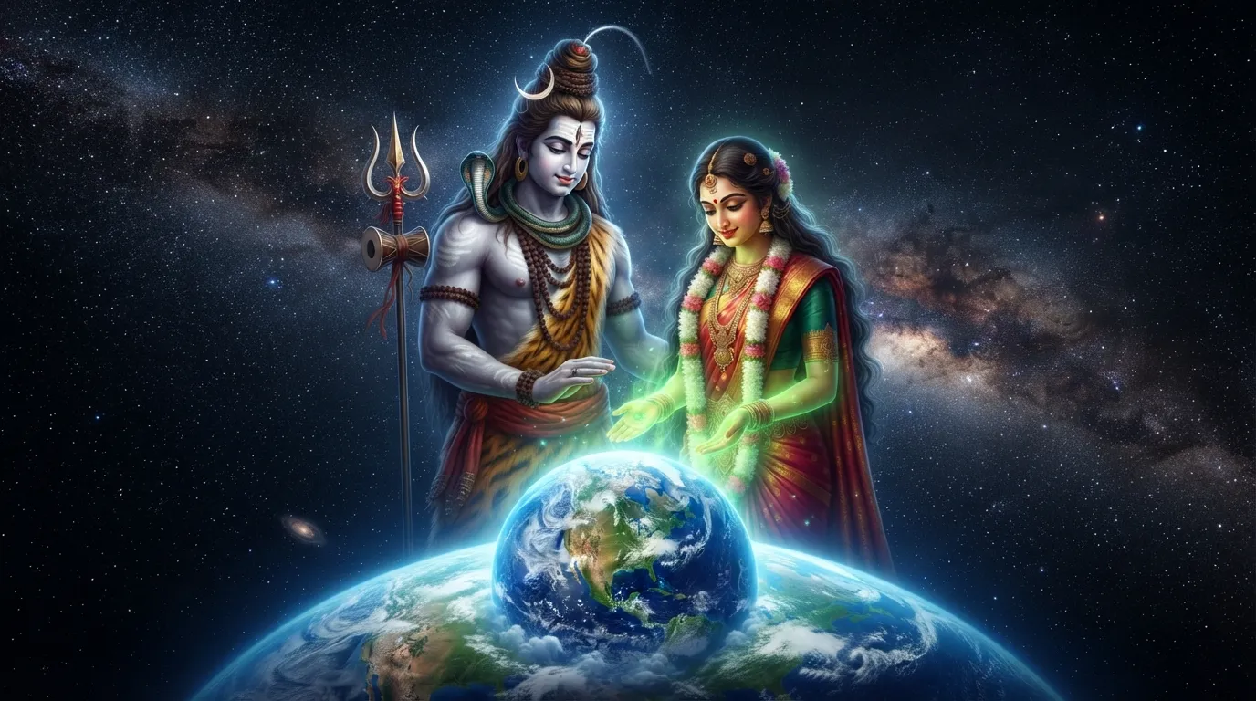 Shiva and Parvati standing side by side looking down protectively over planet earth from space