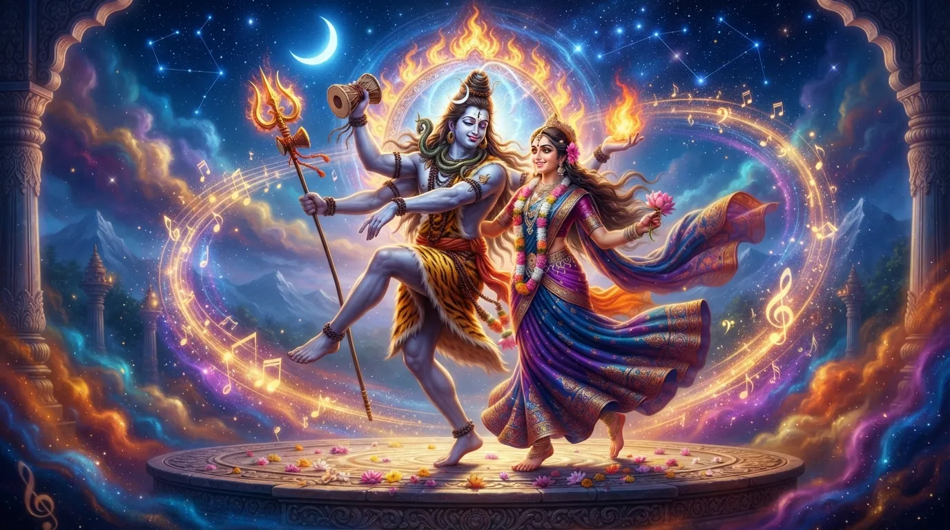 Elegant dynamic posture of Shiva and Parvati performing a peaceful dance of creation
