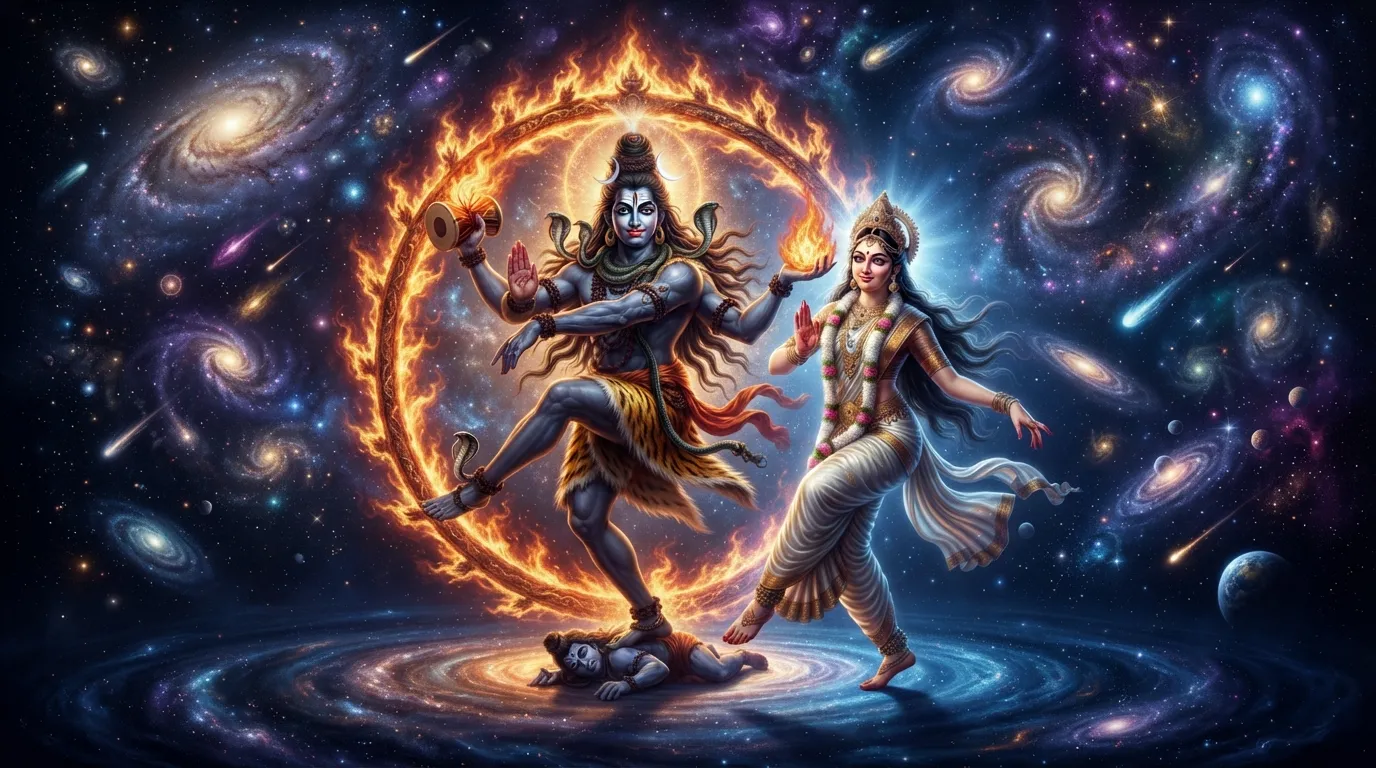 Lord Shiva performing the energetic Tandava dance while Goddess Parvati performs the graceful Lasya dance.