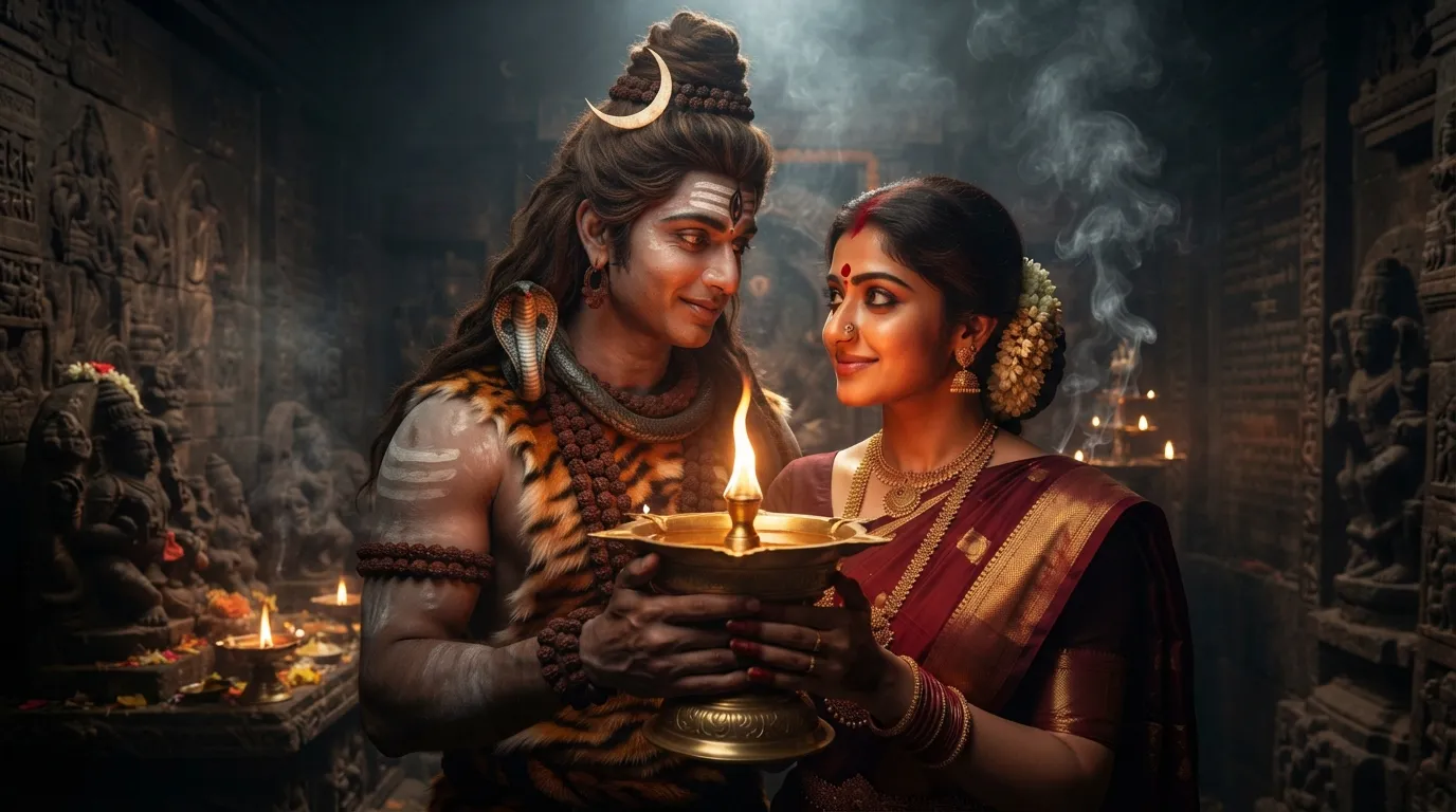Shiva and Parvati holding a traditional clay diya lamp during a spiritual evening ritual