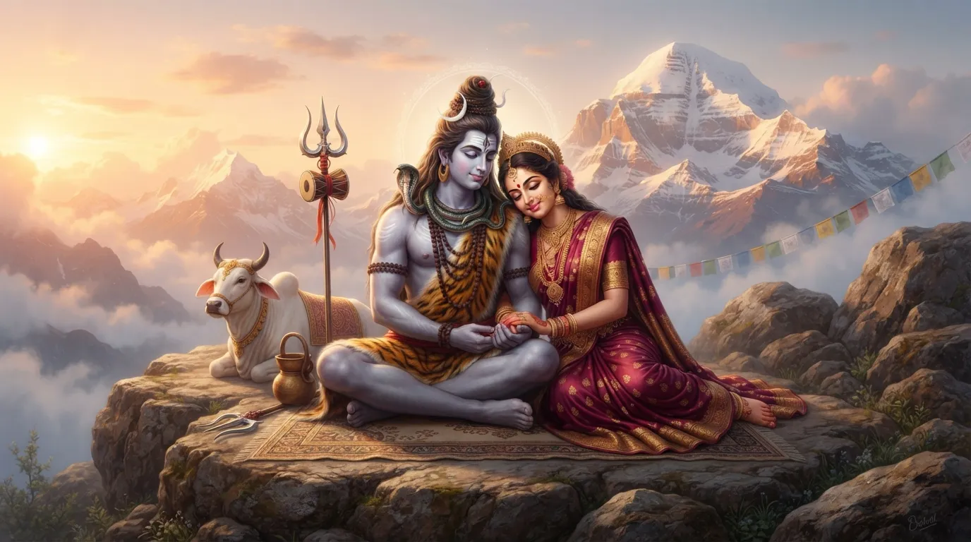 Shiv Parvati love image in a sacred embrace on snowy Himalayas