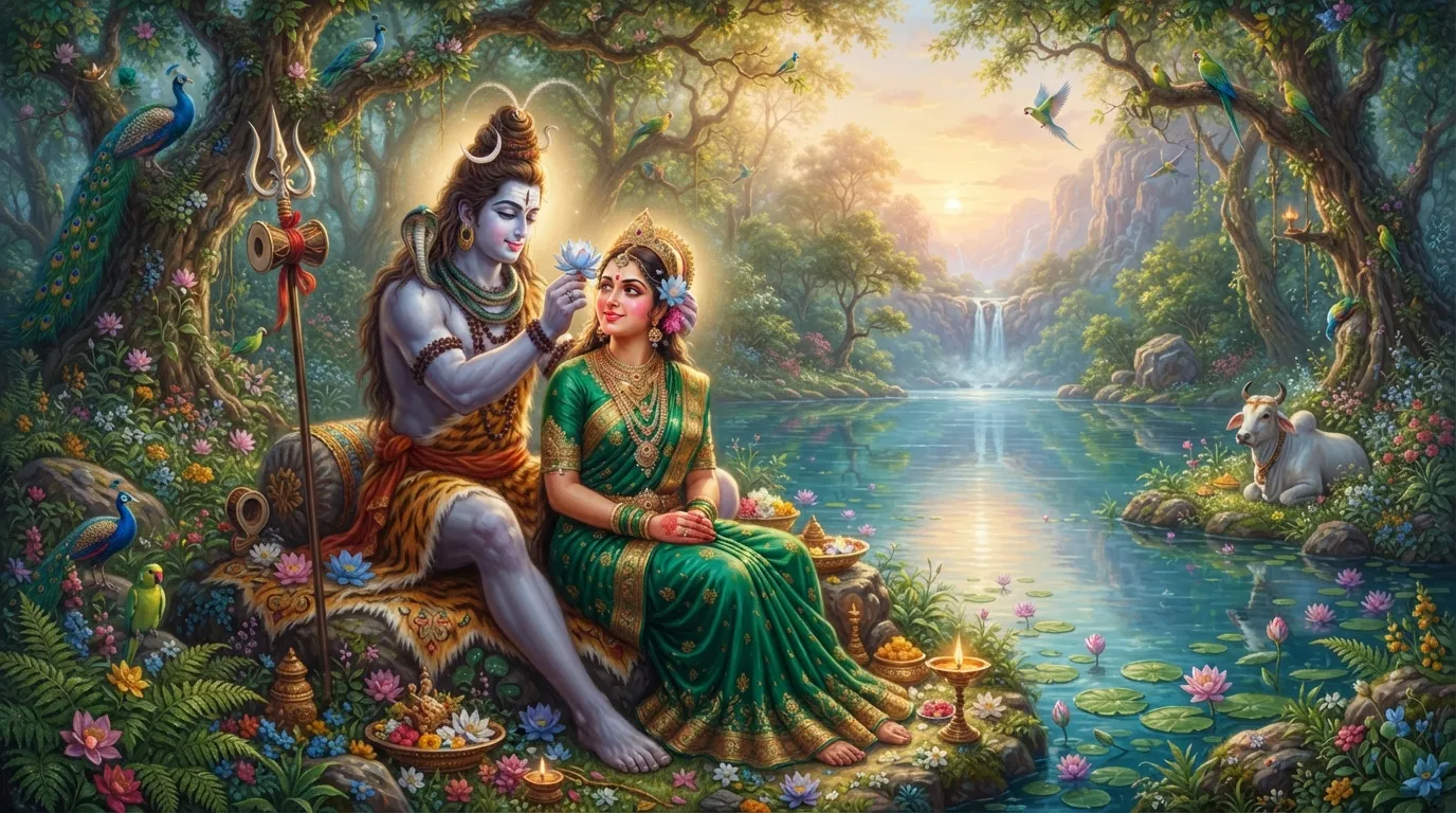 Lord Shiva and Goddess Parvati sharing a loving and peaceful moment in a beautiful garden.