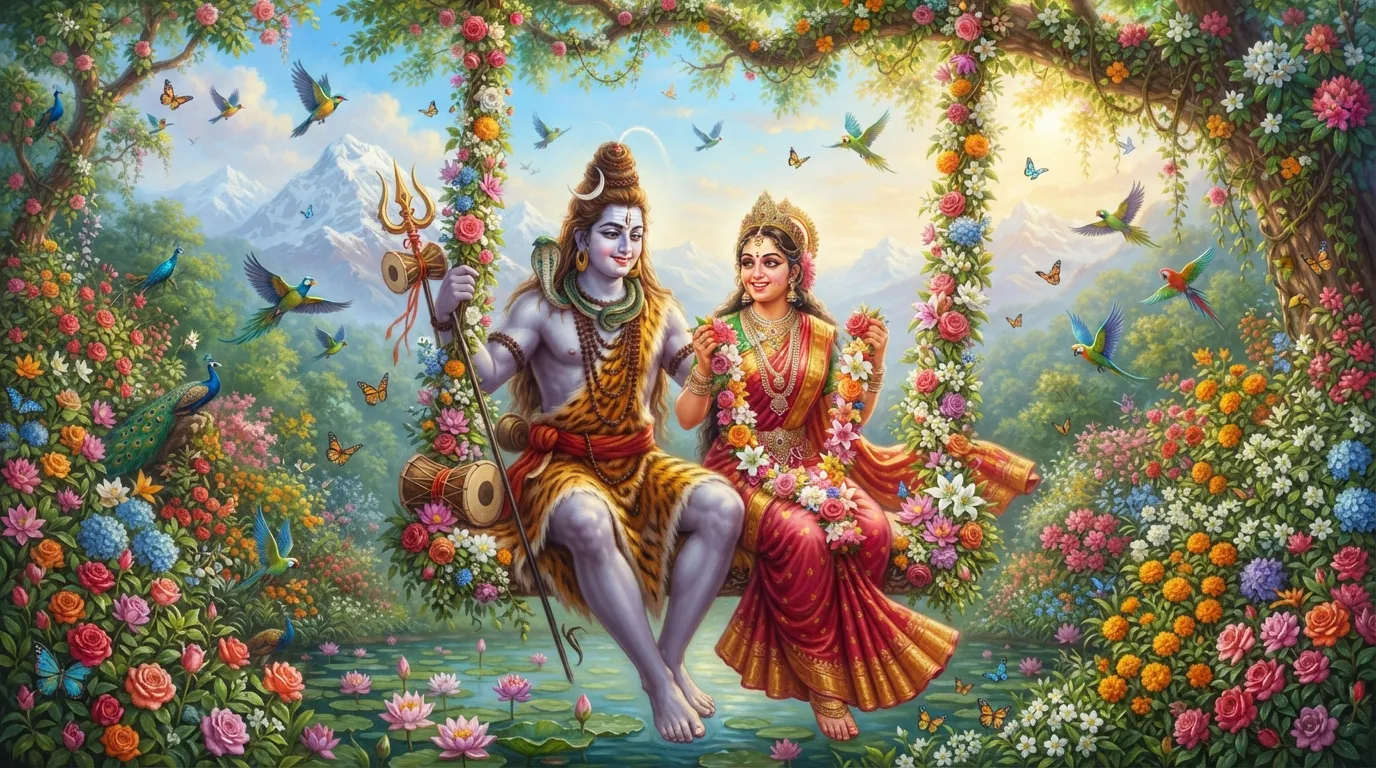 A divine painting of Lord Shiva and Goddess Parvati surrounded by blooming flowers and natural beauty.