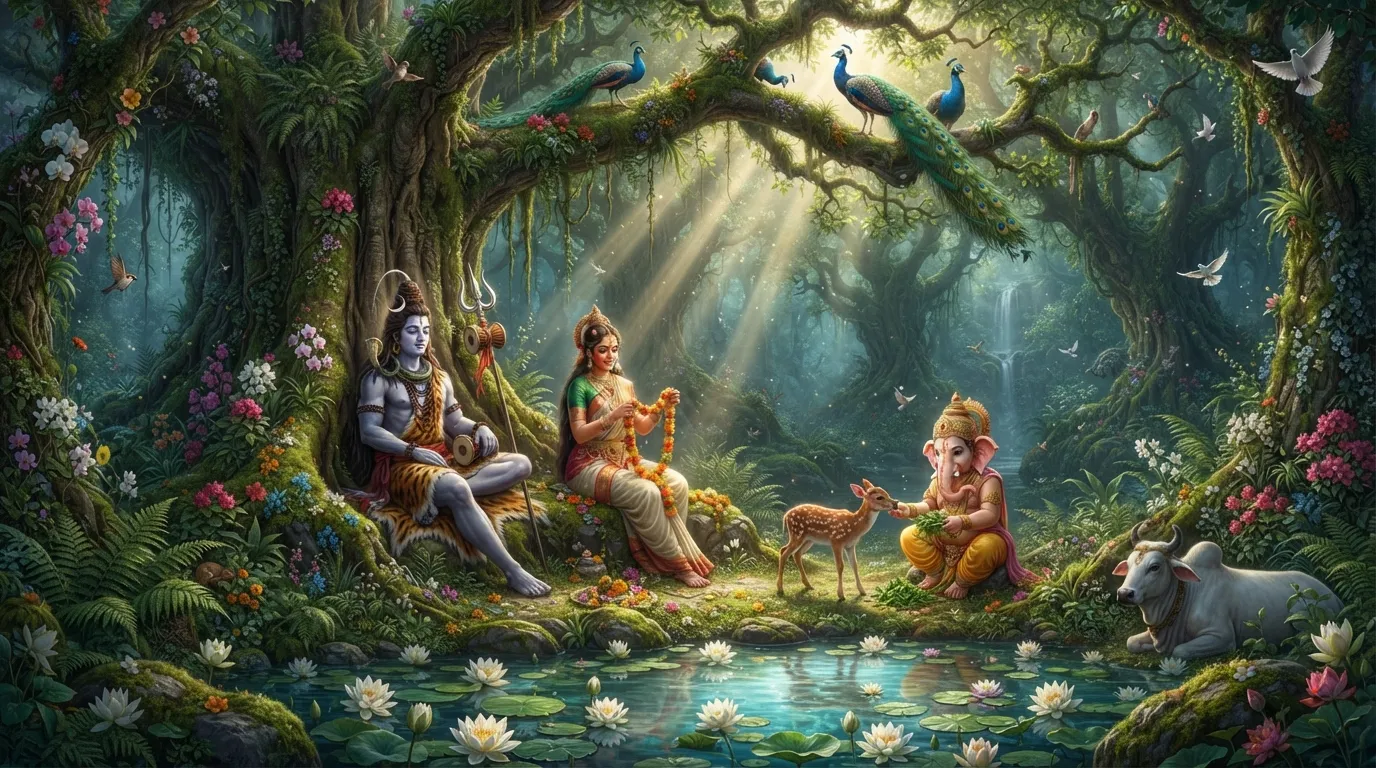 Realistic full HD image of Shiv Parvati Ganesh sitting in a lush green sacred forest.