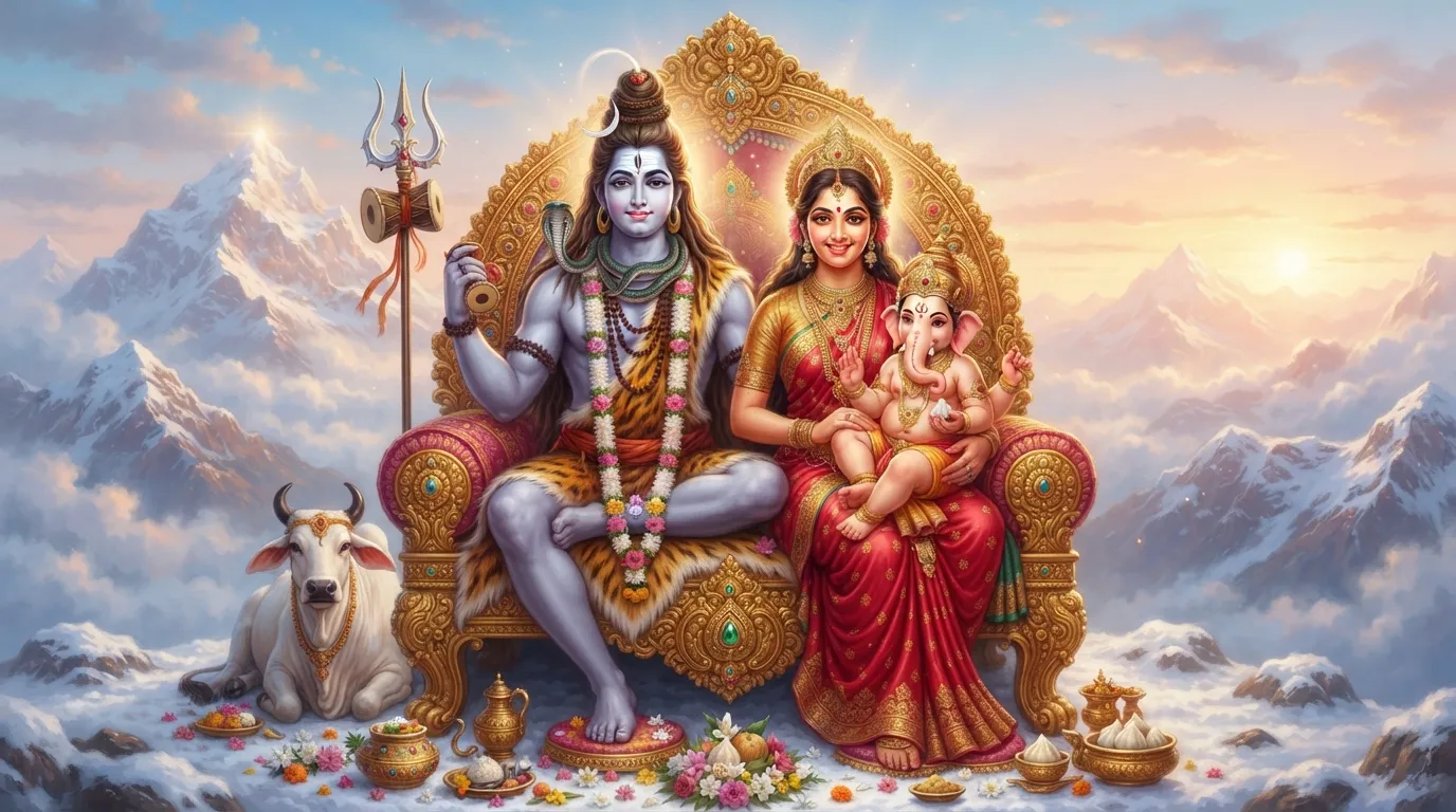 A warm and loving 4k wallpaper of the divine family: Lord Shiva, Goddess Parvati, and Lord Ganesha sitting together.