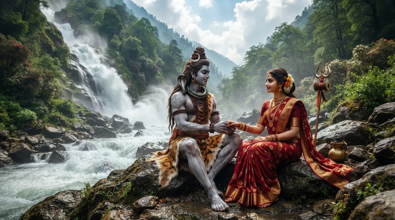 Illustration of Shiva and Parvati sitting side-by-side on the banks of the celestial river Ganges, holding hands and gazing deeply into each other's eyes.