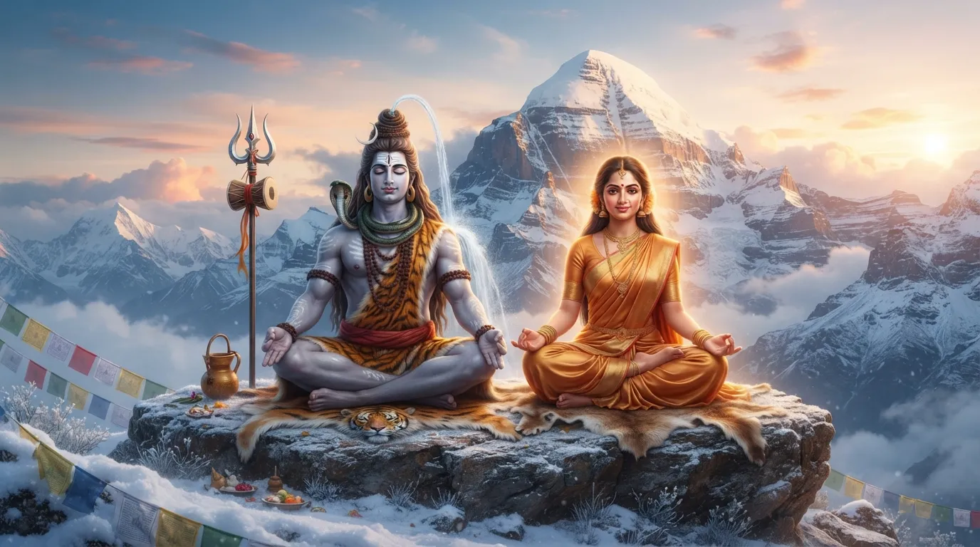 Lord Shiva and Goddess Parvati sitting in deep meditation on the snow of Mount Kailash.