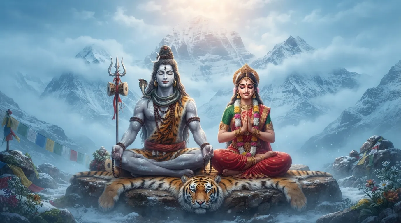 Shiva and Parvati sitting in deep meditation on the snow-capped peaks of Mount Kailash