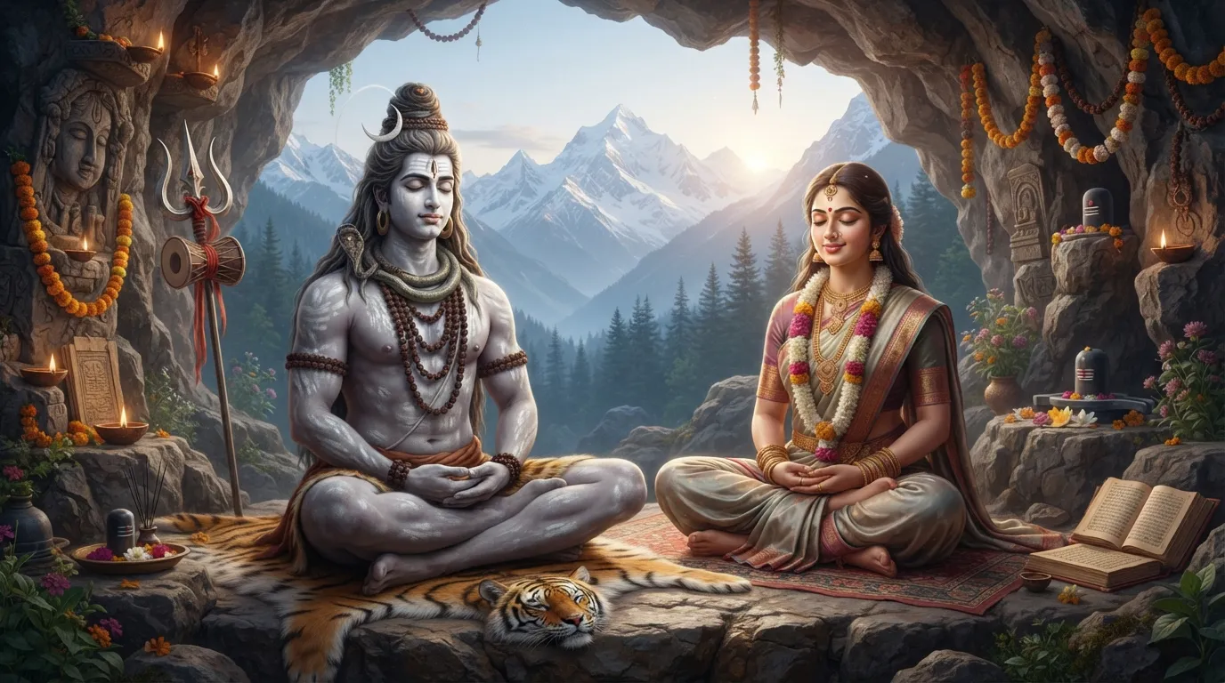 Shiva Parvati image showing the sacred couple in deep meditation, radiating inner peace and tranquility.