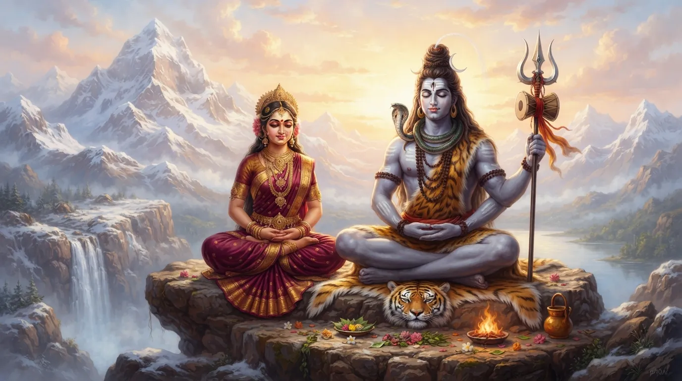 Lord Shiva and Goddess Parvati meditating peacefully in Kailash mountains, painting.