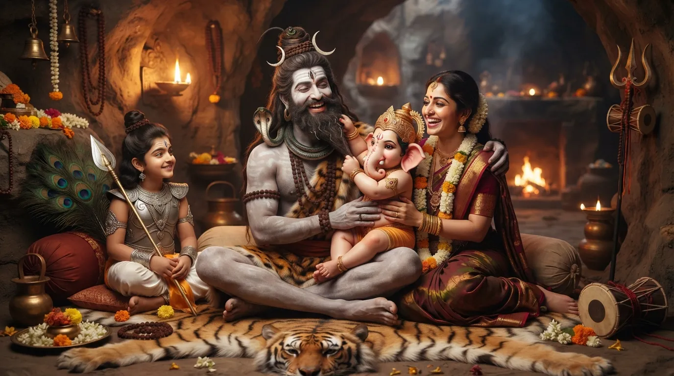Romantic image of Shiva and Parvati smiling at each other while being playfully interrupted by their children, Ganesha and Kartikeya, in their mountain home.