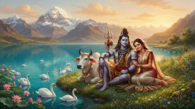 Shiva and Parvati sitting peacefully on the banks of the blue Mansarovar Lake.