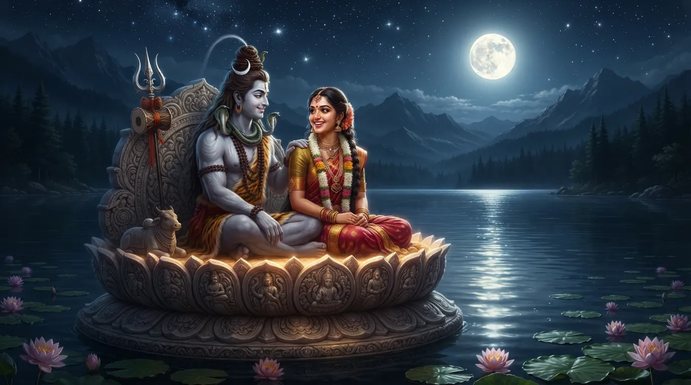 Digital painting showing Shiva and Parvati sitting together and conversing gently under a large, glowing full moon, surrounded by a lotus pond.