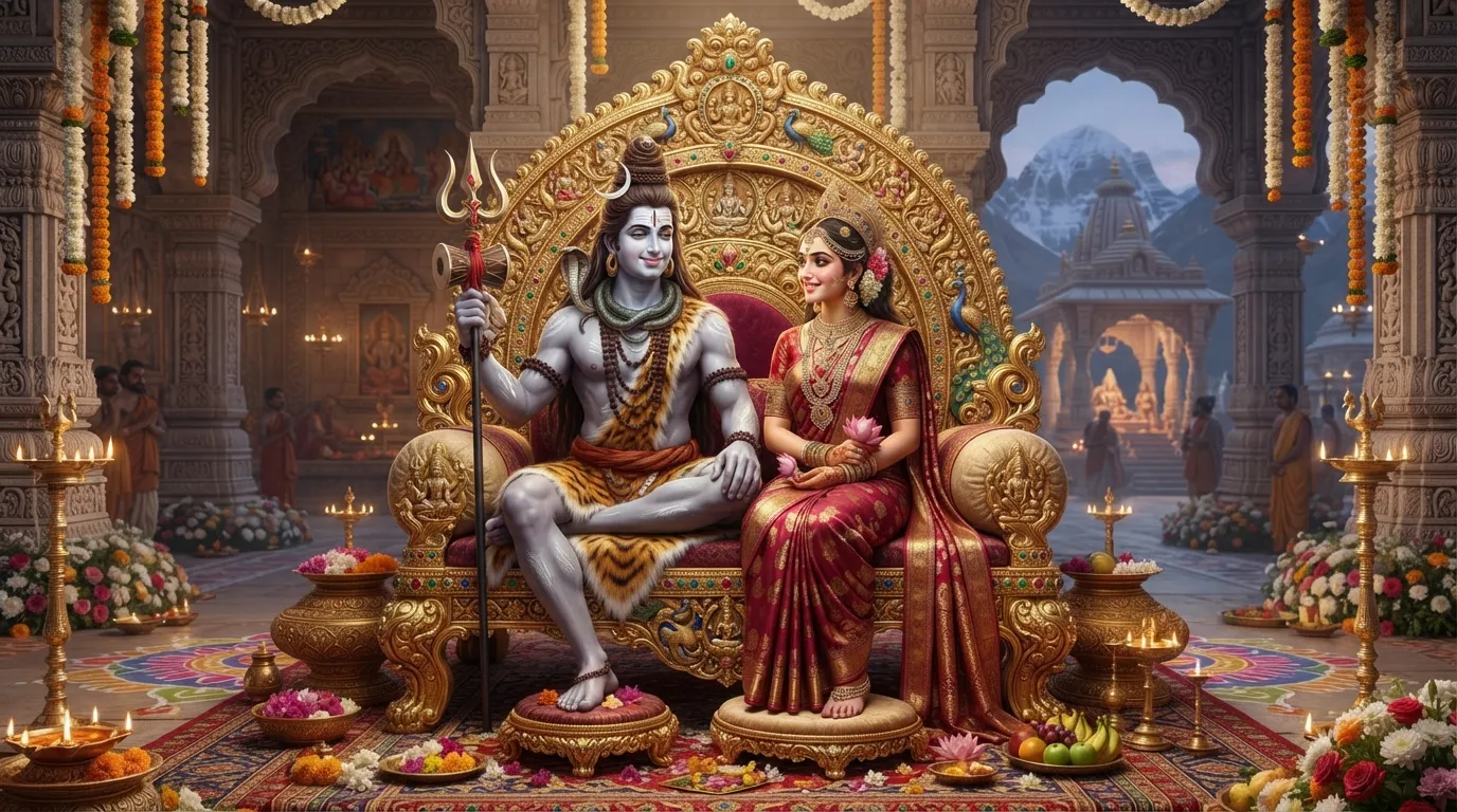 Shiva and Parvati seated together on a golden throne as the divine rulers of the universe