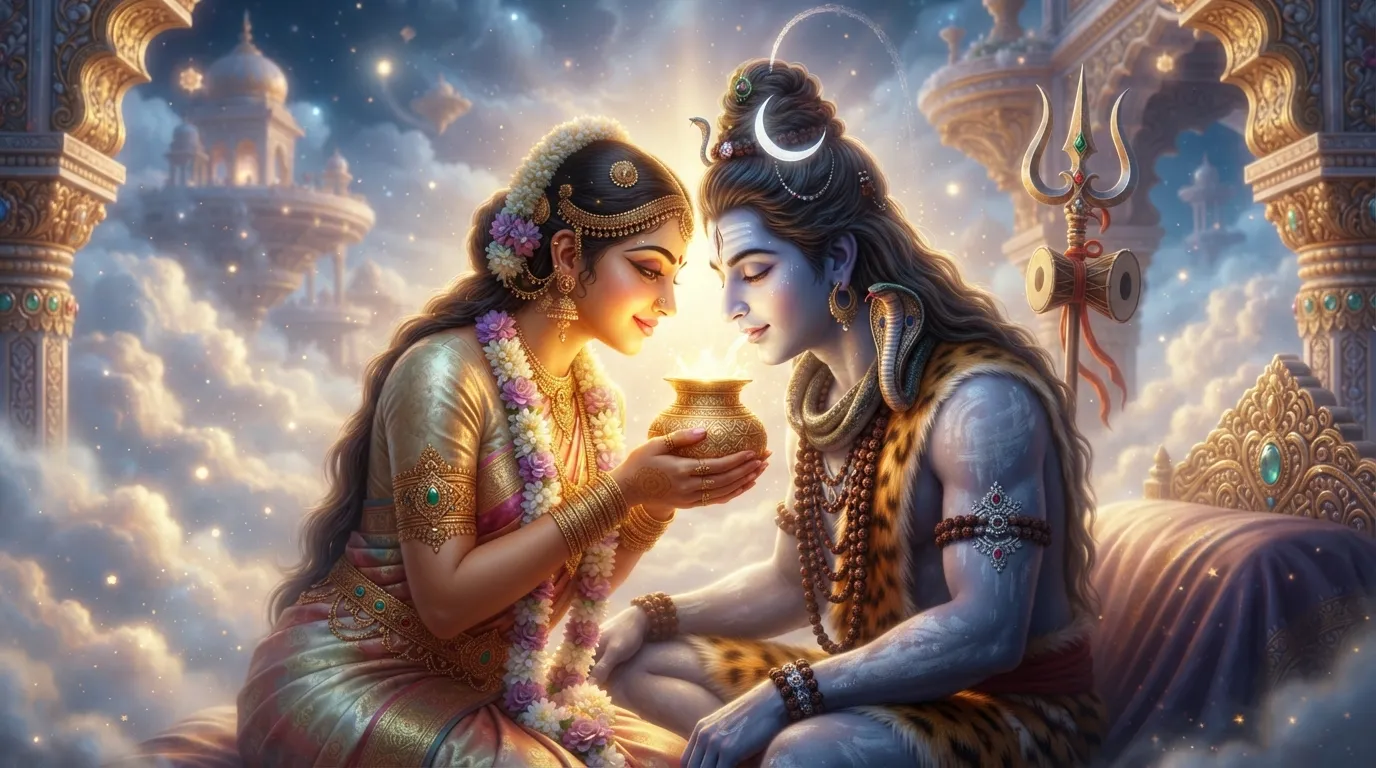 Divine scene depicting Parvati offering a small, golden pot containing Amrit to Shiva's lips, symbolizing their shared immortality and devotion.