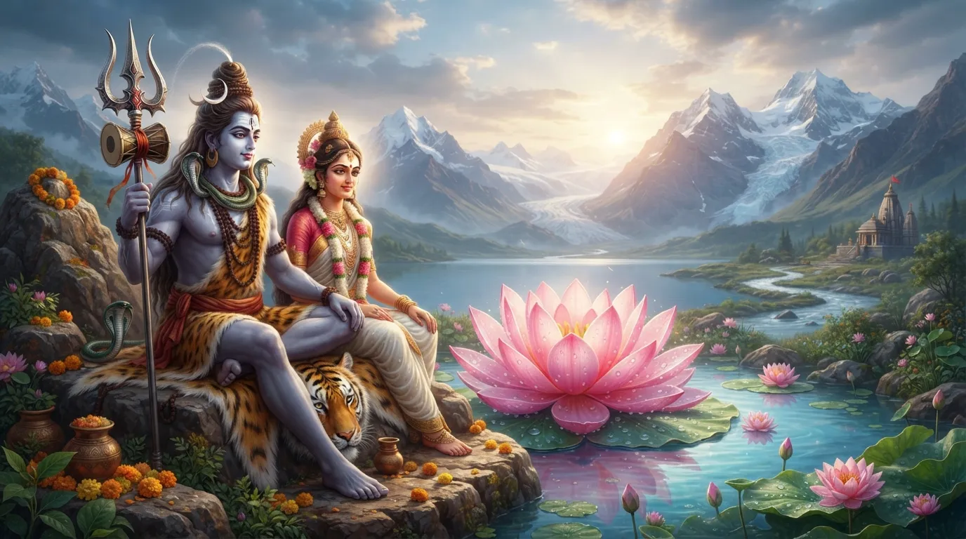 Shiva Parvati image featuring the trident (Trishula) and the lotus, powerful symbols associated with the sacred couple, representing divine power and spiritual purity.
