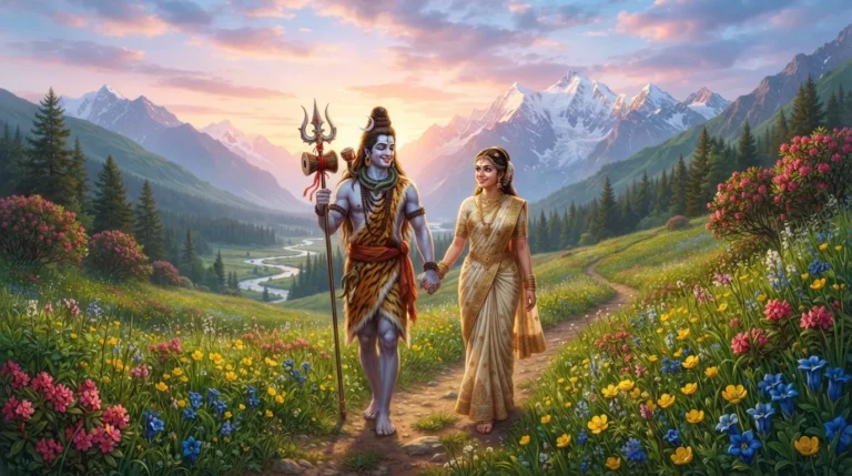 Shiva and Parvati walking hand in hand through a beautiful green meadow with mountains behind