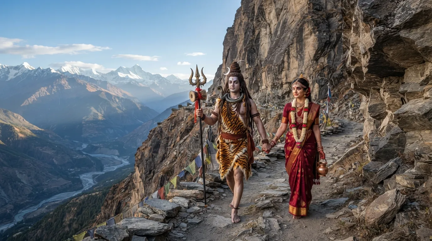 Image of Shiva and Parvati walking hand-in-hand along a winding, rugged mountain path in the Himalayas, looking ahead with shared purpose.