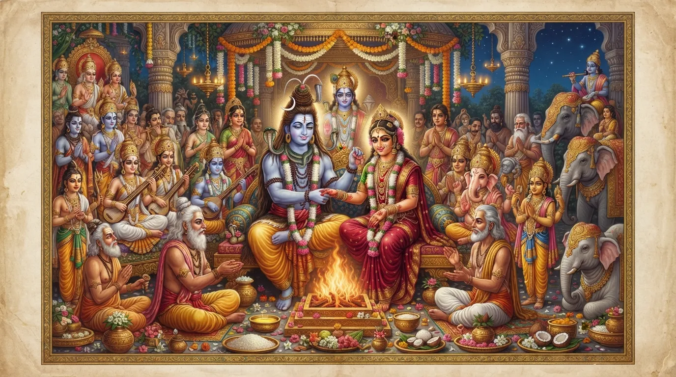 Traditional Indian painting of Shiva and Parvati's wedding ceremony, depicting rituals and deities.