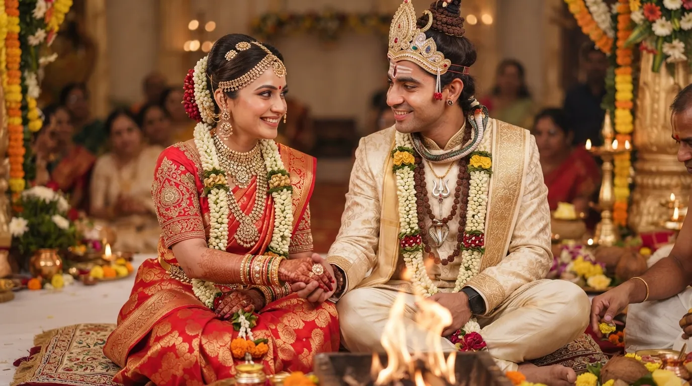 Close-up portrait of Shiva and Parvati during their wedding ceremony, focusing on their expressions and ornaments.