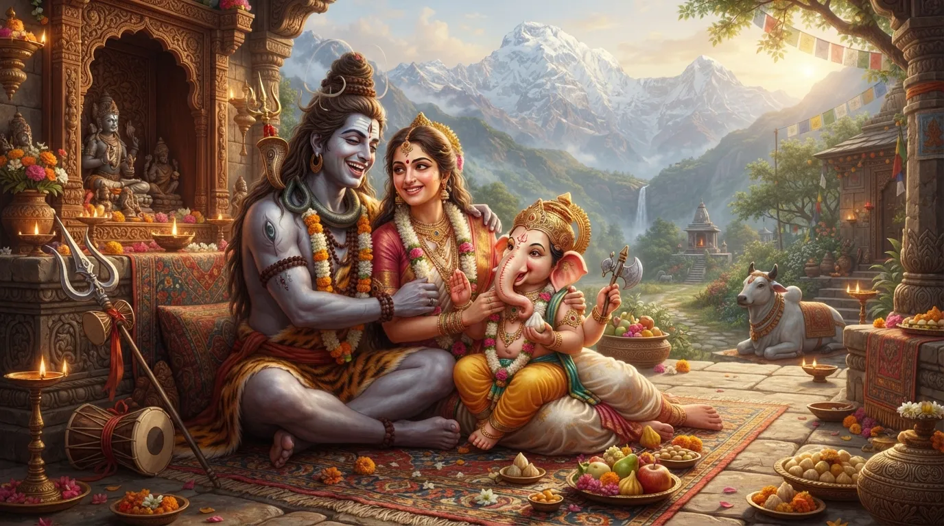 A heartwarming image of Shiva, Parvati, and their son Ganesha.