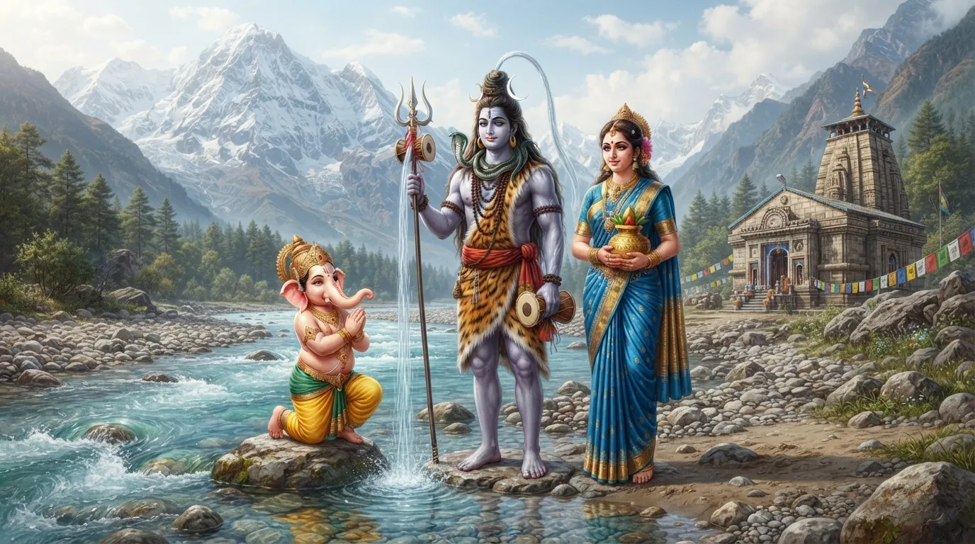 Lord Shiva pouring holy Ganga water with Parvati and Ganesha standing by the riverbank.