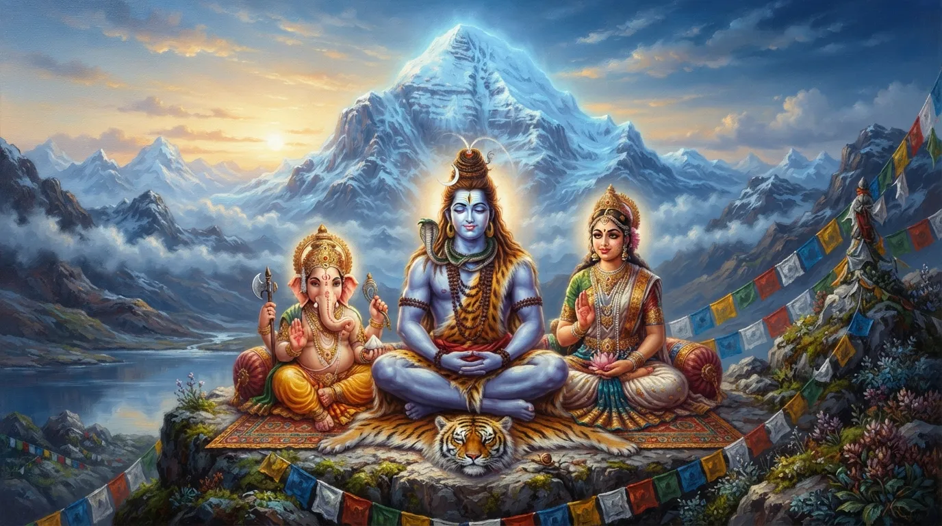 Oil painting of the Shiva family sitting together at the base of Mount Kailash