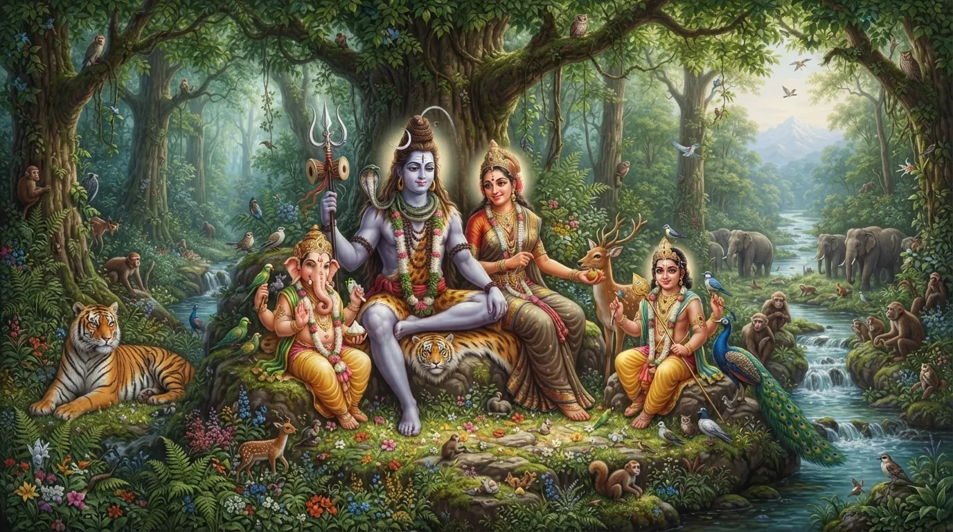 Realistic painting of the Shiva family sitting in a lush forest with natural elements