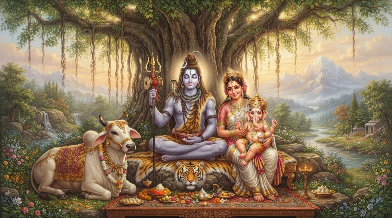 A blissful painting of the holy family—Shiva, Parvati, and child Ganesha—with Nandi the bull.