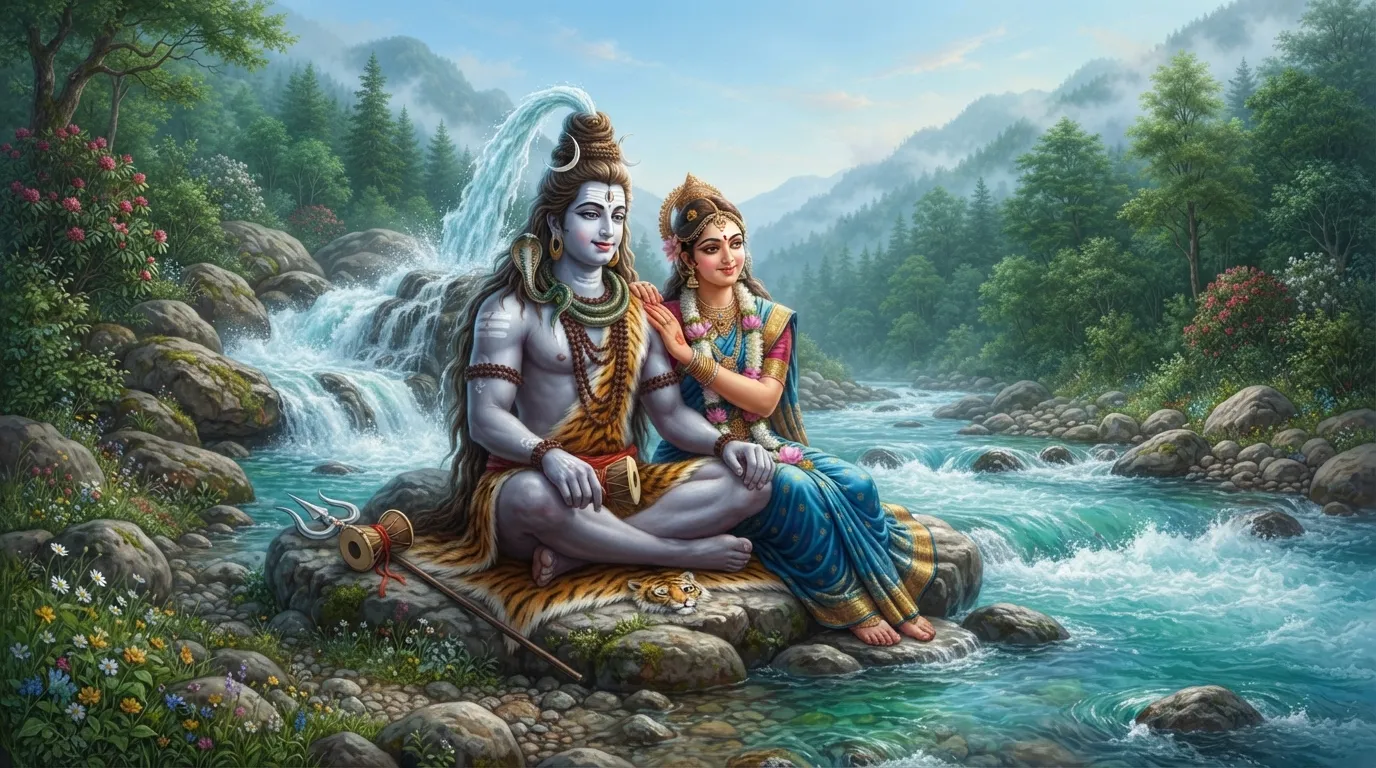 Shiva and Parvati sitting peacefully on the rocky banks of a flowing blue river