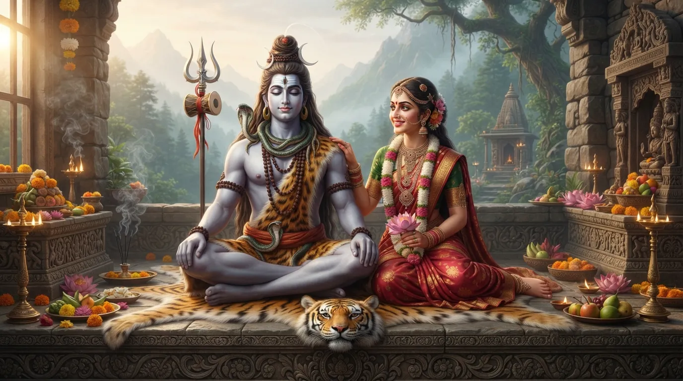 Shiva and Parvati sitting together, radiating love and harmony.