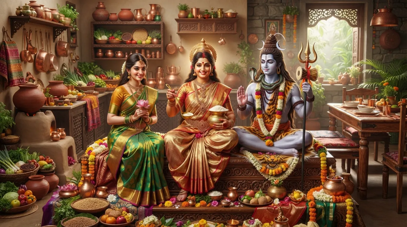 Shiva and Parvati with Goddess Annapurna, the deity of food and nourishment.