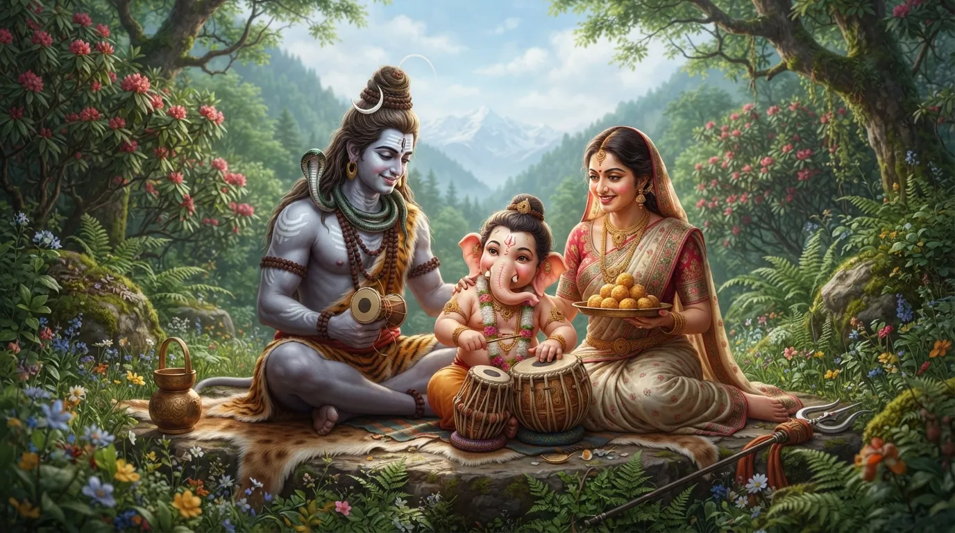Playful family scene of Shiv Parvati with baby Ganesha