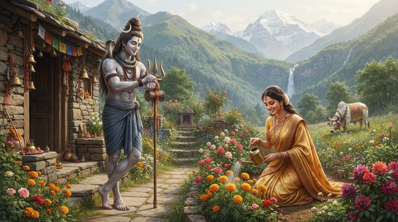 A delightful illustration of Lord Shiva guarding the entrance to their dwelling while Goddess Parvati tends to her garden.