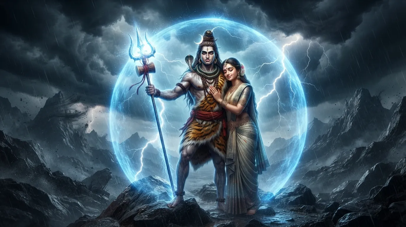 Protective love of Shiva and Parvati amidst a stormy landscape