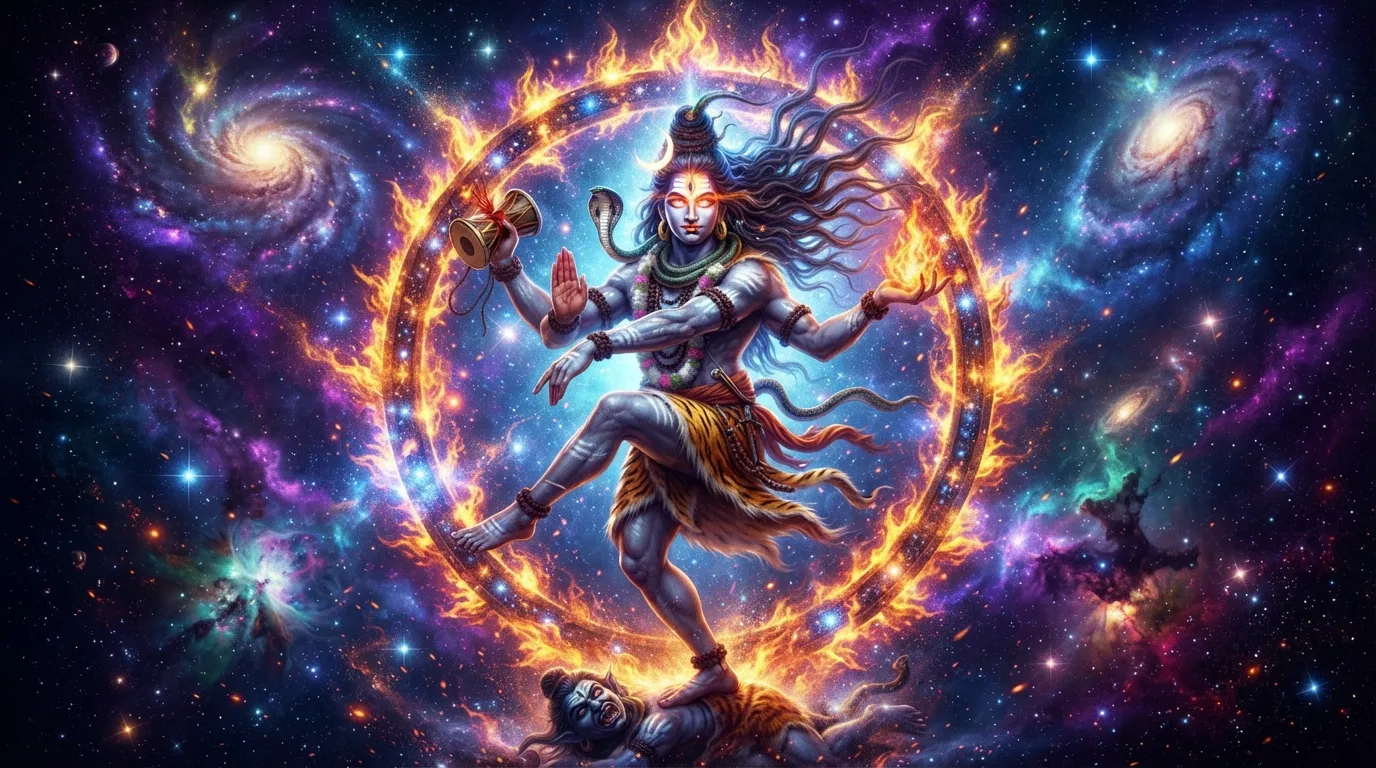 Mahadev performing the cosmic Tandava dance surrounded by galaxies in 4K ultra HD.