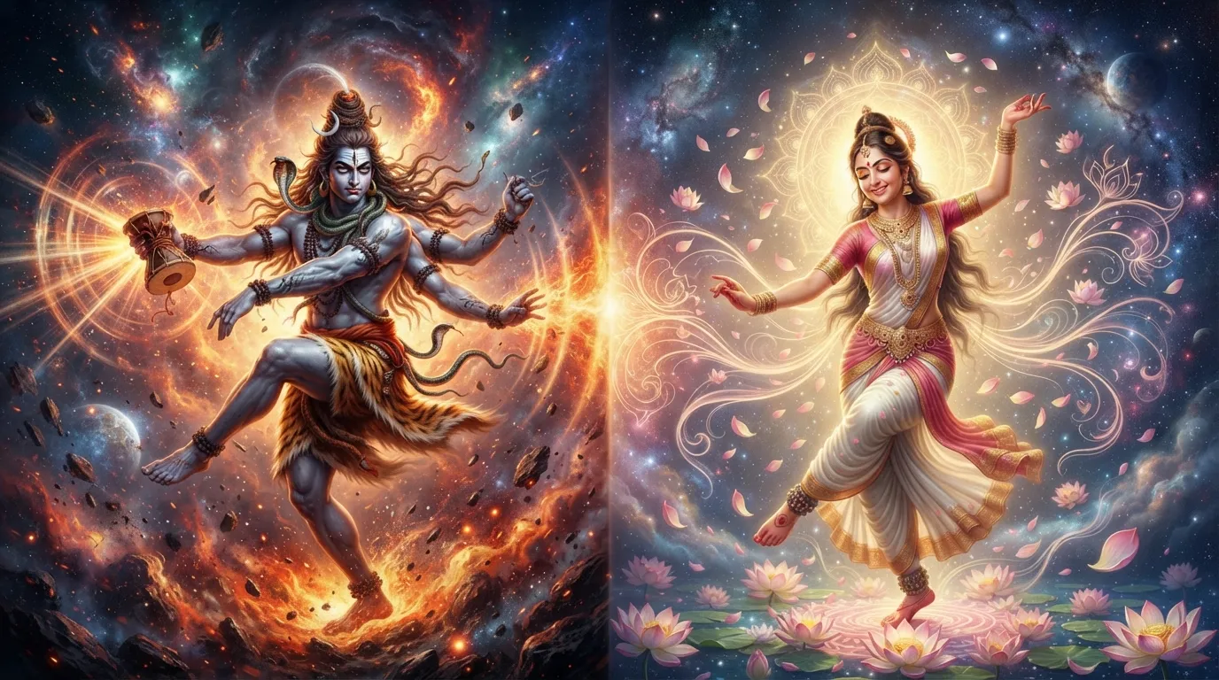 Abstract split representation of Shiva cosmic dance and Parvati peaceful energy