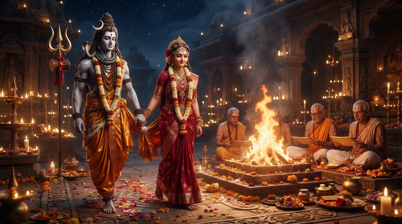 Lord Shiva and Goddess Parvati walking around the sacred fire (Agni) during their wedding ceremony.