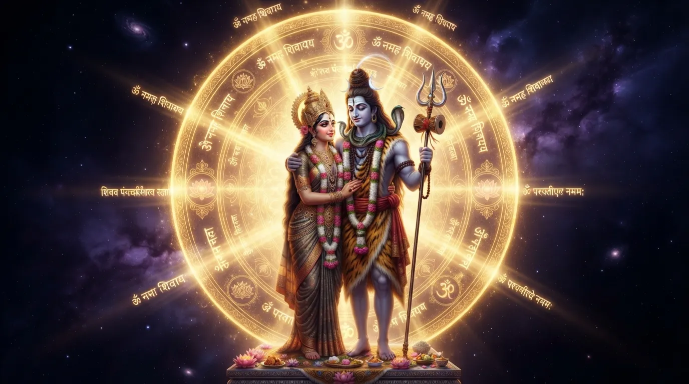 Shiva and Parvati standing together inside a giant glowing golden circle filled with glowing Sanskrit text in space.