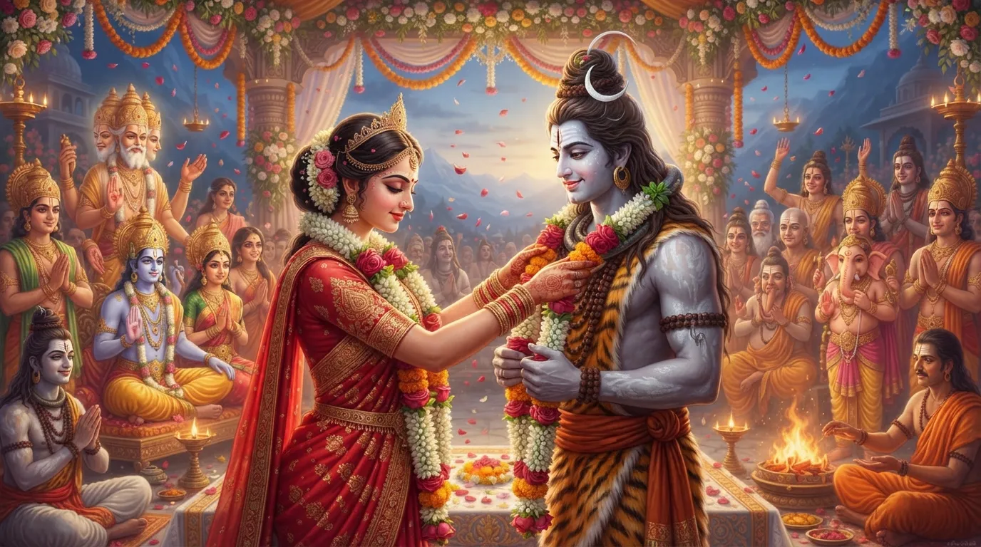 Lord Shiva and Goddess Parvati smiling gently while exchanging traditional wedding garlands (jaimala) with deities and rishis looking on.